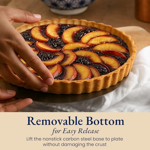 Classic Tart Pan 9 Inch Removable Bottom with Patented Silicone Crust Shaper
