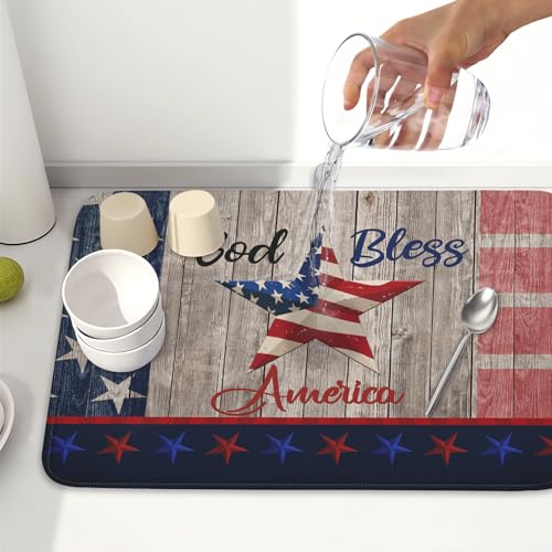 4th of July Dish Drying Mat 18x24 Inch Patriotic God Bless America Memorial Kitchen Mats Independence Day Absorbent Dishes Pad for Kitchen Counter USA Star Drying Mat Home Decor for Countertop