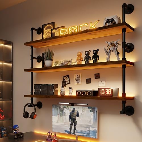 LED Gaming Floating Shelves for Wall Industrial Pipe Shelving