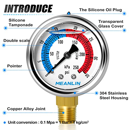 1/4" NPT 0-35psi Pressure Gauge, 2" Dial Glycerine Filled Pool Filter, 304 Stainless Steel Housing, Lower Mount, with 1/2" NPT and 3/8" NPT Hex Bushing