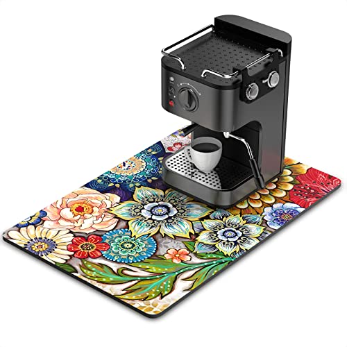 Coffee Mat 16" x 24" Cute Flower Theme Coffee Bar Mats for Espresso Machine Station Accessories and Organizer