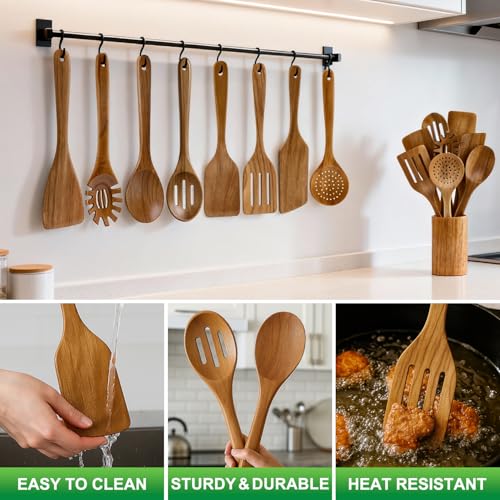 9 Pack Wooden Spoons Non Toxic Cooking Utensil Set with Utensils Holder (9 Count)