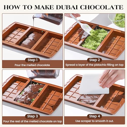 4 Pcs Chocolate Bar Mold Deep Dubai 0.85 Inch Stuffed Chocolate Molds Silicone Large Break Apart Silicone Molds (4 Count)