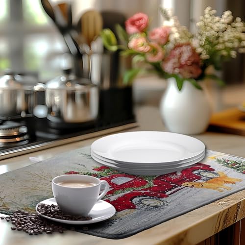 Christma Red Truck Dish Drying Mat Winter Dog Large Kitchen Mats Dish Drying Pad Xmas Tree Vintage Absorbent Dish Dryer Mat for Kitchen Countertops Microfiber Drainer Pad Dish Drying Mats
