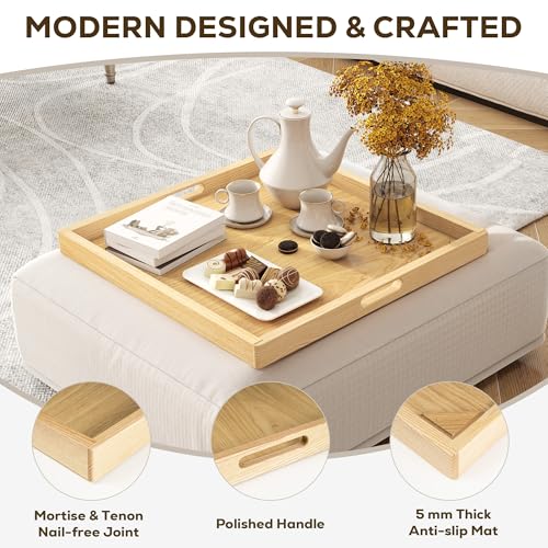 20 Inch Large Square Wooden Ottoman Tray for Living Room