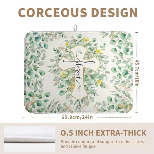Spring Summer Cross Blessed Dish Drying Mats Spring Eucalyptus Leaves Dish Mat Drying Matt Floral Dishes Dryer Pad for Kitchen Counter Absorbent Microfiber Washable Foldable Reusable 18x24 in