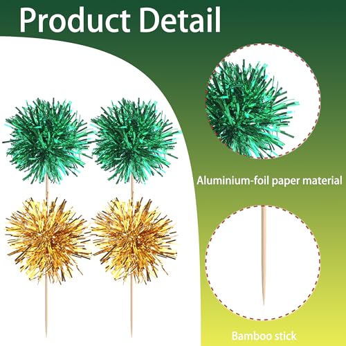 40 PCS Foil Firework Cupcake Toppers Fireworks Cupcake Picks Sparkle Tinsel Cake Decorations Cocktail Fruit Toothpick for Firework Theme Birthday Wedding Graduation Party Decor Supplies Gold Green (40 Count)