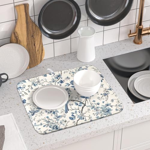 Chinoiserie Trees Dish Drying Mat for Kitchen Counter