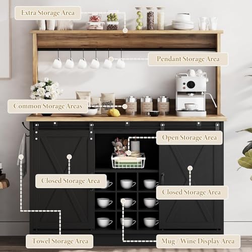 47" Farmhouse Coffee Bar Cabinet with Storage Hutch