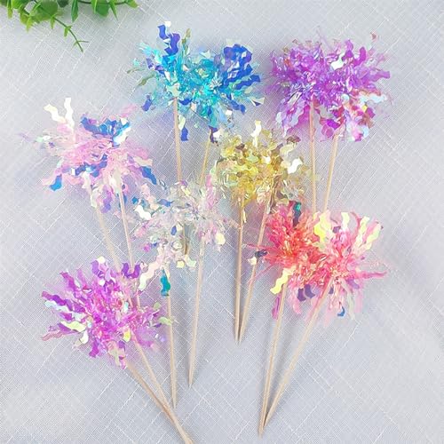 30 Pieces Happy Birthday Cake Toppers Foil Firework Cupcake Toppers Sparkle Tinsel Flower Drink Stirrers for Cake Decoration Party Supplies (30 Count)