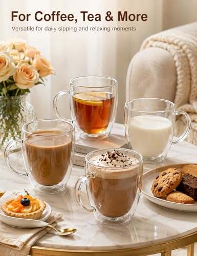12oz Double Walled Glass Coffee Mugs with Handles (4 Count)