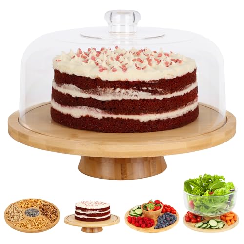 6 in 1 Large Bamboo Wood Cake Stand with Lid