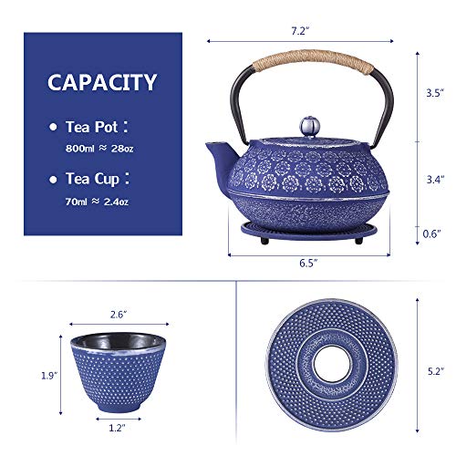 Blue Floral Cast Iron Teapot Set 28 oz Tea Kettle with 4 Cups