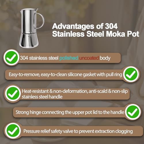 304 Thickened Stainless Steel Uncoated 4 Cup Moka Pot 200ml 6.6oz