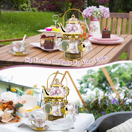 20 Pcs Porcelain Tea Set with Metal Holder (20 Count)
