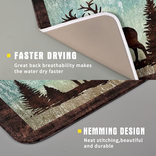 Retro Deer Forest Cabin Silhouette Dish Drying Mat Countertop 16x18 Fall Blue Sky Cloud Cartoon Elk Wild Animal Bushes Drainer Mat Pine Tree Grass Dishes Pad Rustic Dish Drainer Rack