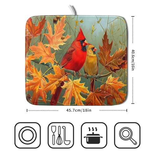 Fall Birds Dish Drying Mat 16x18 Inch Autumn Maple Leaf Tree Dish Drainer Mats Thanksgiving Decorative Microfiber Reversible Dish Drying Rack Pad Small for Kitchen Countertop Tabletop