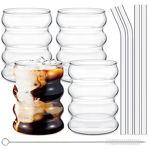 4 Pcs Creative Glass Cups Vintage Drinking Glasses Ribbed Glassware Aesthetic Cup Entertainment Dinnerware Glassware with Straws Set for Kitchen Coffee Beverage