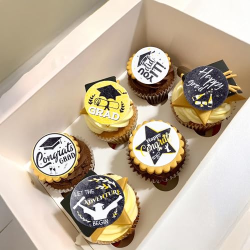 48Pcs Edible Graduation 2026 Cupcake Toppers Wafer Paper Grad Cap Diploma Cake Decoration Picks for 2026 Grad Theme Party Cake Decor Supplies Black Gold (48 Count)