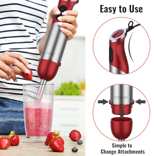 5-in-1 Hand Immersion Blender, 1000W 12 Speed Handheld Blender Stick with Copper Motor Stainless Steel Blade, 600ml Mixing Beaker,500ml Food Processor, Whisk, Milk Frother, Non-BPA, Red