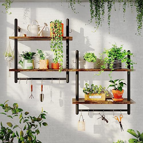 24" 2 Tier Industrial Pipe Wall Shelf with 8 Hooks