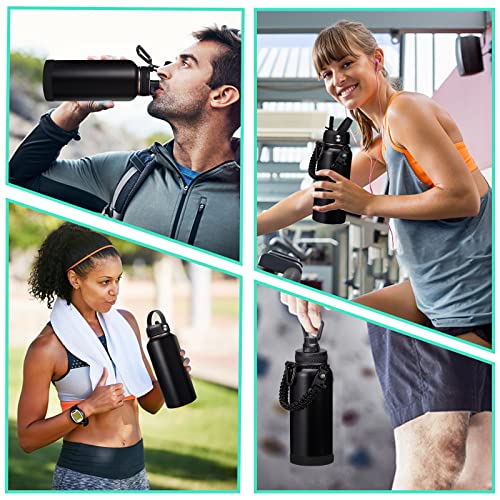 32-40-64OZ Stainless Steel Water Bottle - Black Water Bottle with Straw & Spout Lid, Paracord Handle & Bottle Sleeve, Insulated Vacuum Water Flask Double-Wall Metal Thermo Cup Canteen for Gym School (9 Count)