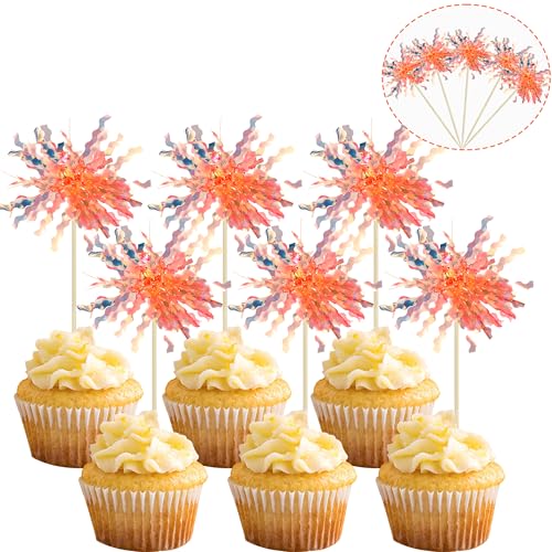 30Pcs Foil Firework Cupcake Toppers Sparkle Tinsel Cake Toppers Tinsel Drink Cake Decoration Cocktail Picks for Birthday Wedding Graduation Party Supplies Orange (30 Count)