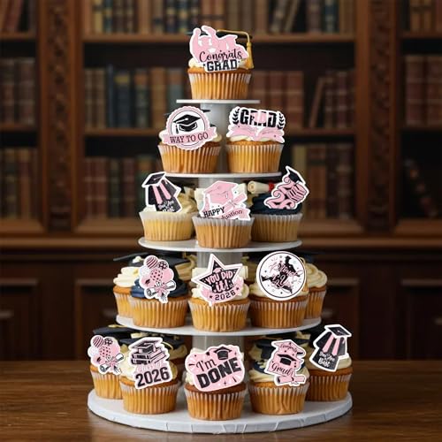 48Pcs Edible Graduation Cap 2026 Cupcake Toppers Wafer Paper Grad Cap Diploma Cake Decoration Picks for 2026 Grad Theme Party Cake Decor Supplies Black Pink (48 Count)