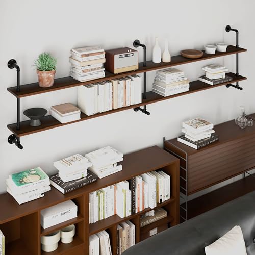 Industrial Pipe Wall Shelves Pipe Shelving with Real Wood Plank 70 Inches (2 Count)