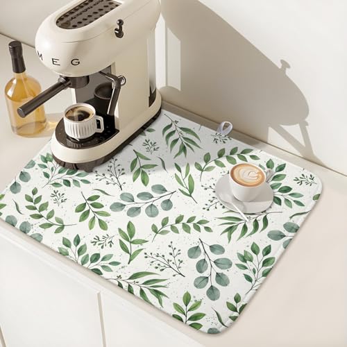 Sage Green Dish Drying Mat 16x18 In Absorbent Reversible Eucalyptus Leaves Plant Drying Mat Green Plant Dish Drying Rack Mat Spring Summer Themed Dish Drainer Mat for Kitchen Counter Coffee Bar
