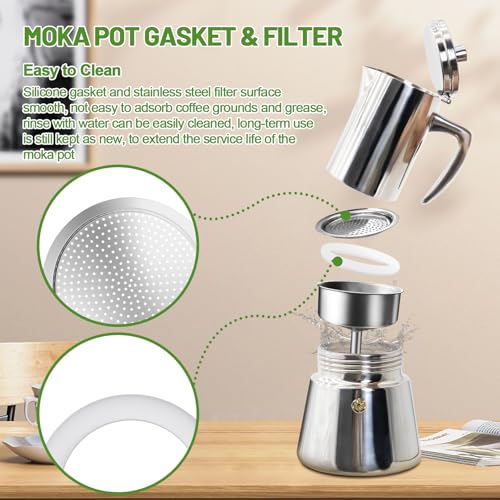 2 Pcs Filter with 3 Pcs Silicone Gasket Seals for 6 Cup Stovetop Espresso Coffee Maker Replacement Parts for 304 Stainless Steel Moka Pot (5 Count)