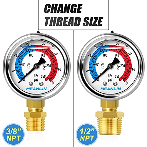 1/4" NPT 0-35psi Pressure Gauge, 2" Dial Glycerine Filled Pool Filter, 304 Stainless Steel Housing, Lower Mount, with 1/2" NPT and 3/8" NPT Hex Bushing