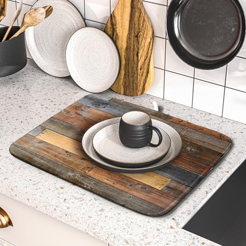 Wood Grain Dish Drying Mat for Kitchen Countertop