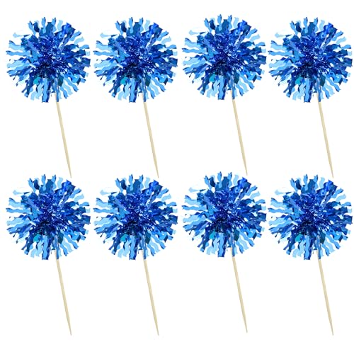 30Pcs Foil Firework Cupcake Toppers Blue Tinsel Flower Drink Stirrers Cocktail Food Fruit Cake Toppers for Valentine's Day Party Decorations Blue (30 Count)