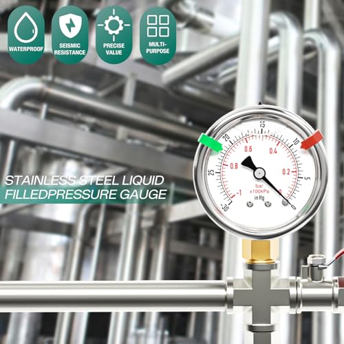 30inHG~0Psi Stainless Steel Liquid Filled Pressure Gauge