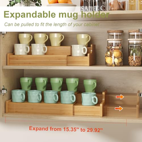 2 Tier Expandable Bamboo Mug Holder Coffee Mug Rack Organizer for Countertop (16 Count)