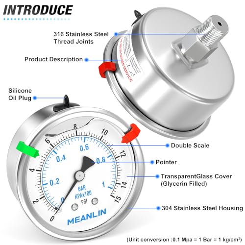 0~15Psi Stainless Steel Liquid Filled Pressure Gauge 2.5" FACE DIAL 1