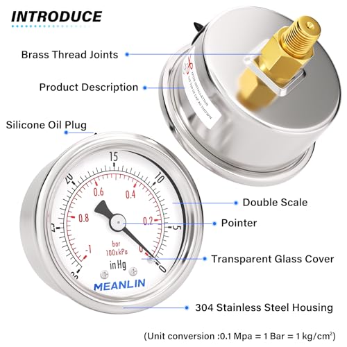30inHG~0Psi Vacuum Gauge Stainless Steel 1