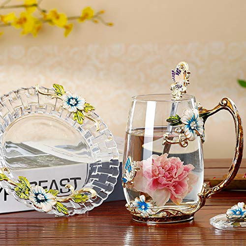 butterfly flower Glass Mug Tea Cup with Spoon Gifts For Women