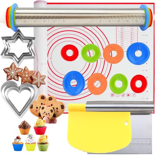 Adjustable Rolling Pin 19 Baking Tool Set and Silicone Baking Pastry Mat Set
