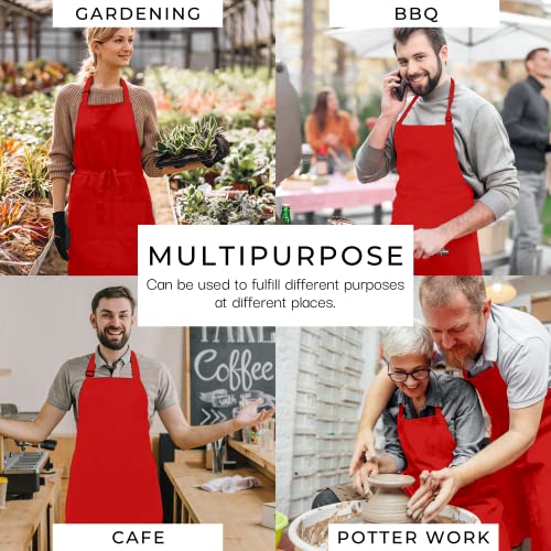 Chef Apron Women Men with Pockets Cotton Kitchen Cooking Full Aprons Red 35x27 Inches Pack of 5 (5 Count)