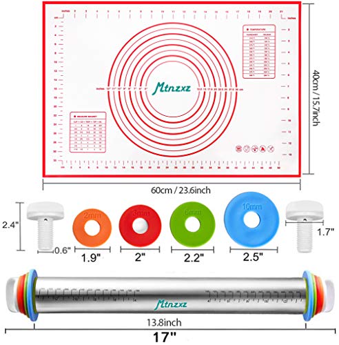 Rolling Pin and Silicone Pastry Mat Set with Adjustable Thickness Rings (2 Count)