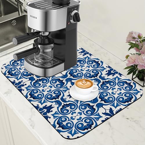Dish Drying Mat Blue Portuguese Tiles Coffee Bar Mat for Countertop Absorbent Rubber Backed Hide Stain Dish Drainer Rack Pad Espresso Machine Cafe Table Dining Room Decoration 11.8 x 19.7 Inch