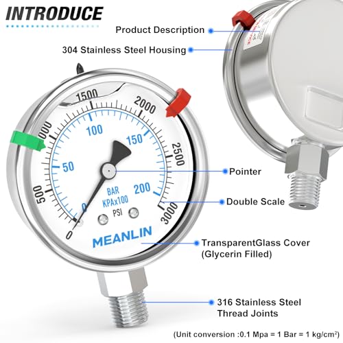 0~3000Psi Stainless Steel Liquid Filled Pressure Gauge 2.5" FACE DIAL 1