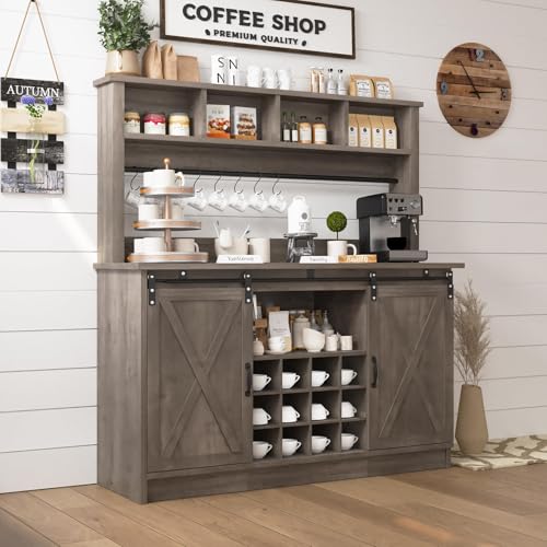 55” Farmhouse Coffee Bar with 4 Tier Storage Hutch