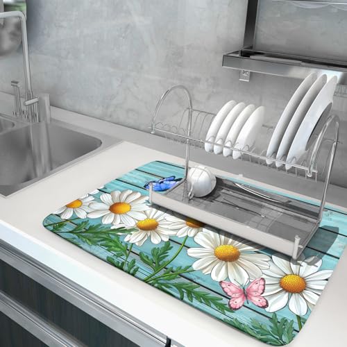 Daisy Dish Drying Mat for Kitchen Counter 18”x24” Rustic Daisy Absorbent Dish Drying Mat Reversible Microfiber Dish Drainer Rack Fast Drying Mat for Countertops Tableware Decor