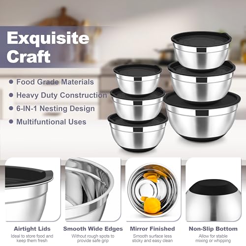 Mixing Bowls Stainless Steel Salad Bowl with Lid & Graters (6 Count)