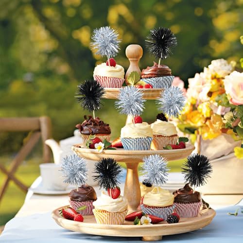 30Pcs Foil Firework Cupcake Toppers Sparkle Tinsel Cake Toppers Tinsel Drink Cake Decoration Cocktail Picks for Birthday Wedding Graduation Party Supplies Black Silver (30 Count)