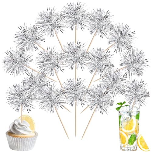 40 PCS Foil Firework Cupcake Toppers Fireworks Cupcake Picks Sparkle Tinsel Cake Decorations Cocktail Fruit Toothpick for Firework Theme Birthday Wedding Graduation Party Decorations Supplies Silver (40 Count)