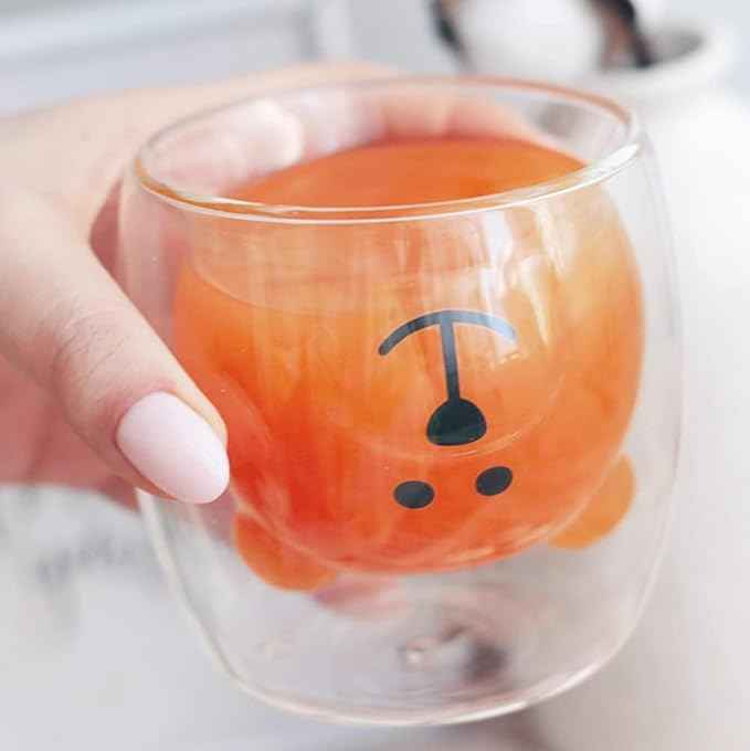 Cute Mugs Double Wall Glass Coffee Glass Cup Kawaii Bear Tea Milk Cup Funny Mug Animal Mug Aesthetic Cup for Office and Personal Birthday Gift (Happy bear)